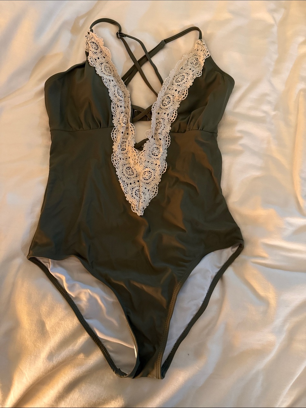 Cupshe Olive Green One-Piece Swimsuit with Cream Lace Trim